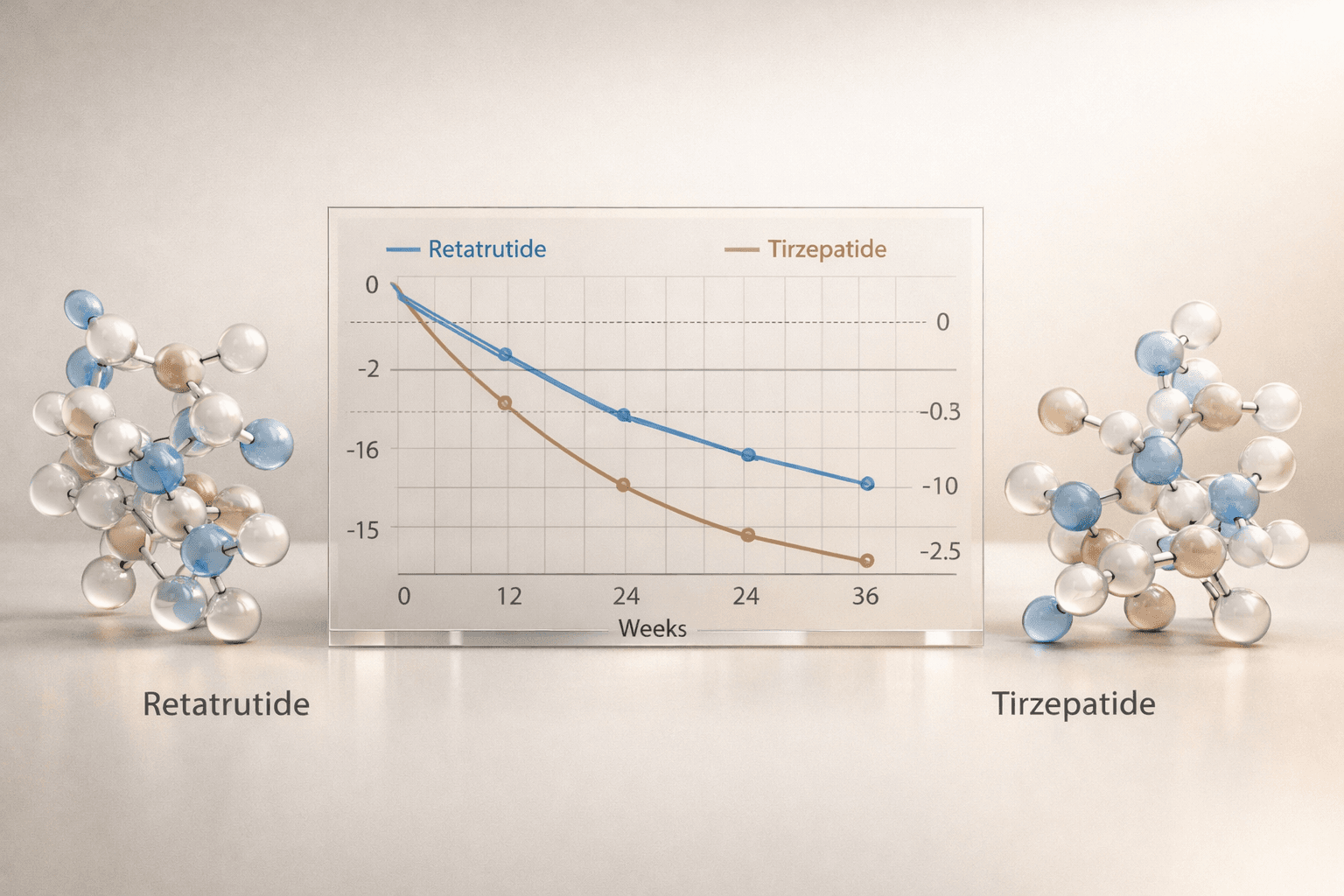 Abstract clinical trial comparison graphic showing two peptide structures and metabolic endpoint charts.