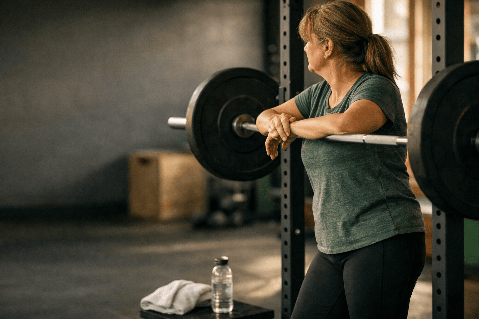 Woman in her late fifties rests beside a barbell in a gym between strength sets